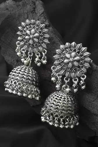 Long Oxidised Floral Shaped Earrings