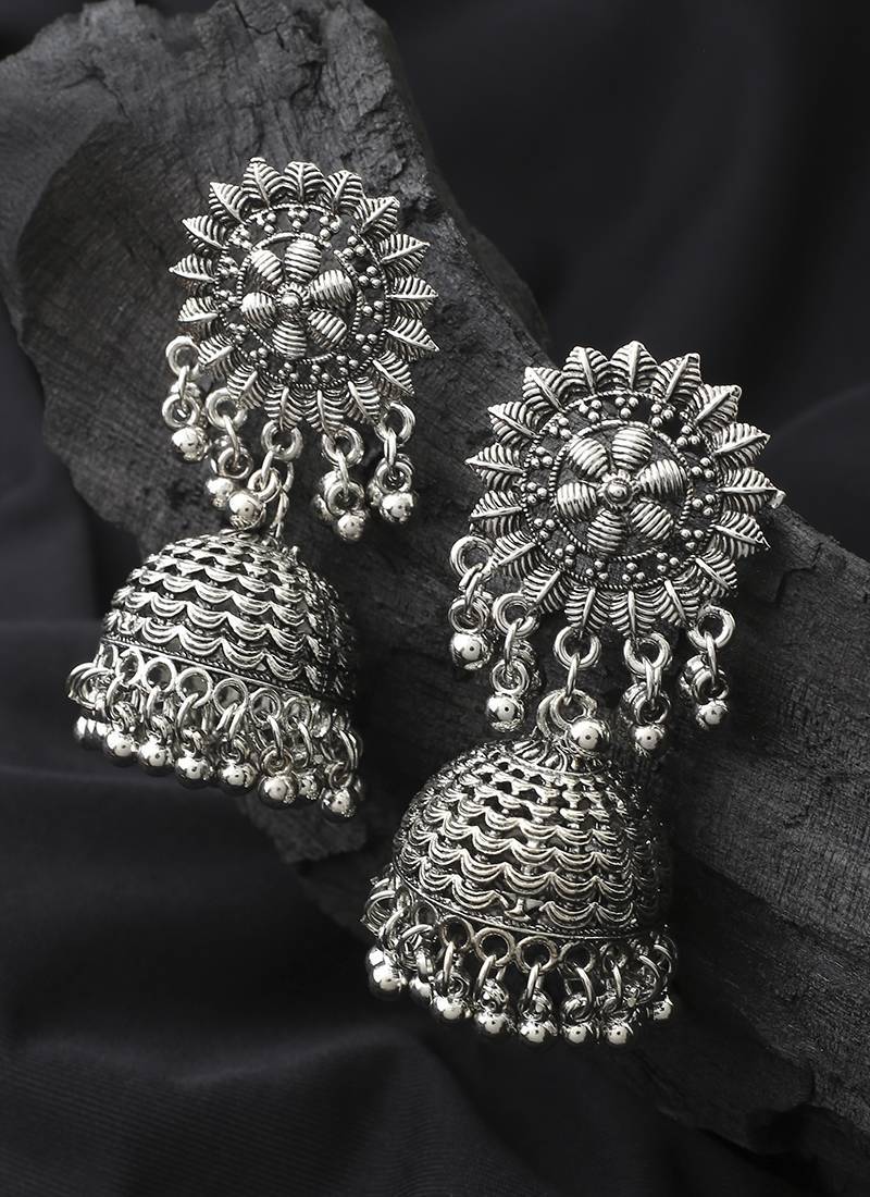 Long Oxidised Floral Shaped Earrings