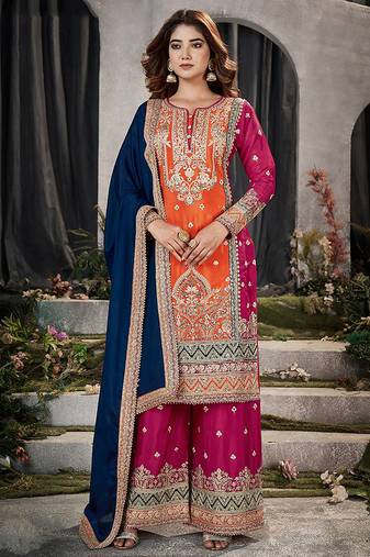 Orange chinon embroidered readymade salwar kameez