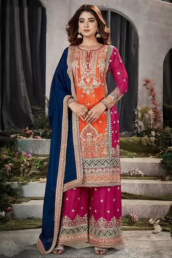 Orange chinon embroidered readymade salwar kameez