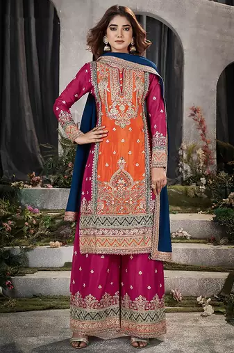 Orange chinon embroidered readymade salwar kameez