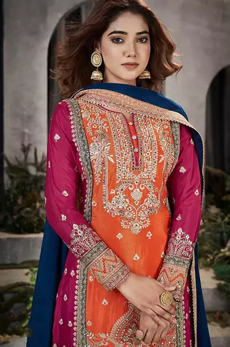Orange chinon embroidered readymade salwar kameez