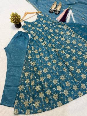Aqua blue crunshy  silk  party wear embroidery anarkali  suit set 5
