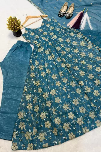 Aqua blue crunshy  silk  party wear embroidery anarkali  suit set