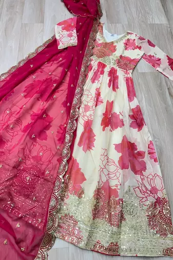 Pink russian silk embroidered anarkali set with dupatta