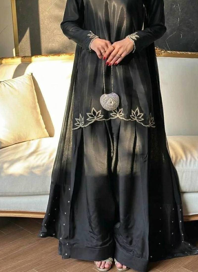 Black Embroidery And Moti work Silk Blend Salwar Suit