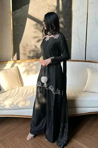 Black Embroidery And Moti work Silk Blend Salwar Suit