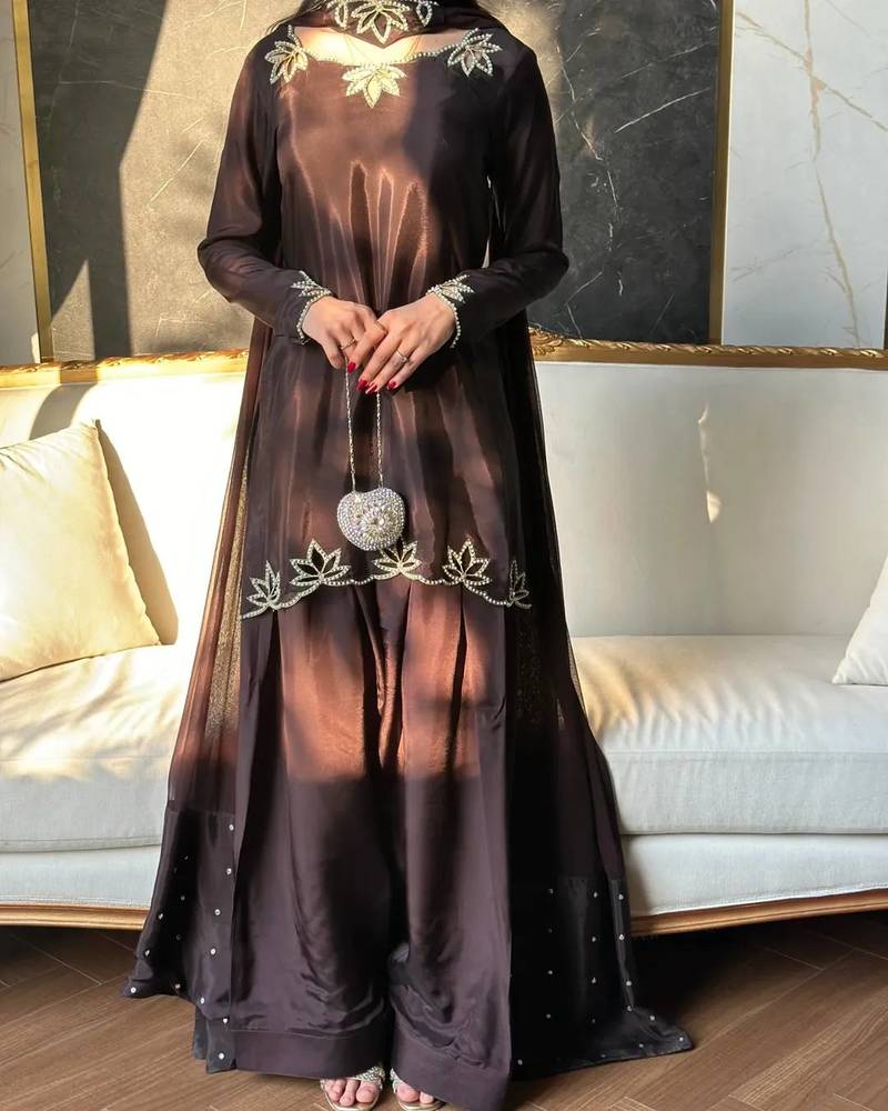 Dark Choclate Embroidery And Moti work Silk Blend Salwar Suit