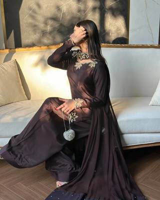 Dark Choclate Embroidery And Moti work Silk Blend Salwar Suit 3