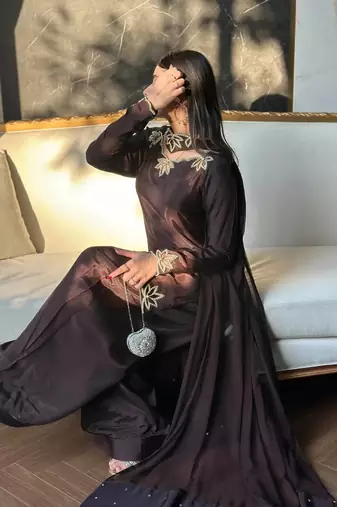 Dark Choclate Embroidery And Moti work Silk Blend Salwar Suit