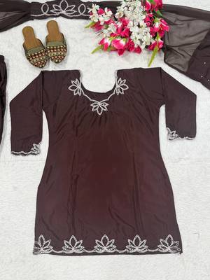 Dark Choclate Embroidery And Moti work Silk Blend Salwar Suit 4