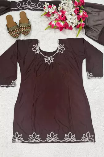 Dark Choclate Embroidery And Moti work Silk Blend Salwar Suit