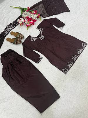 Dark Choclate Embroidery And Moti work Silk Blend Salwar Suit 5