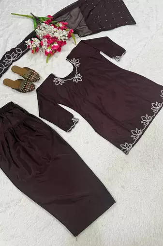Dark Choclate Embroidery And Moti work Silk Blend Salwar Suit