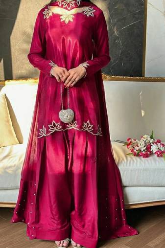 Rani pink Embroidery And Moti work Silk Blend Salwar Suit