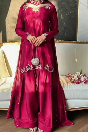 Rani pink Embroidery And Moti work Silk Blend Salwar Suit