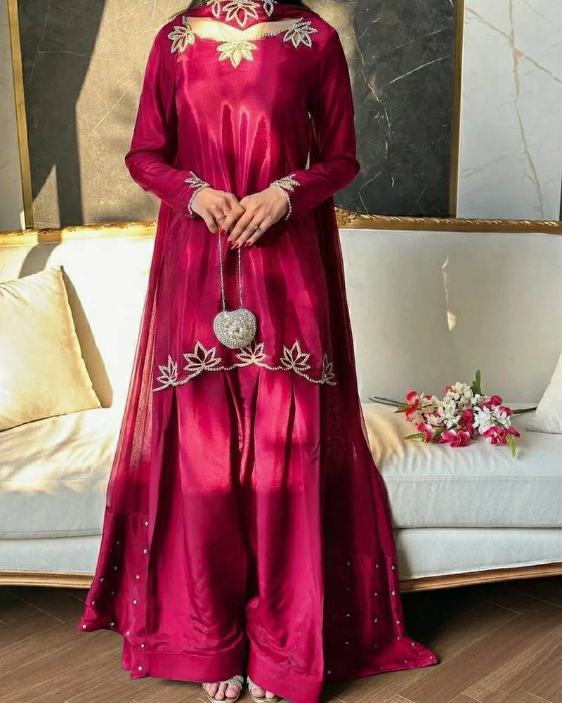 Rani pink Embroidery And Moti work Silk Blend Salwar Suit