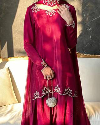 Rani pink Embroidery And Moti work Silk Blend Salwar Suit 2