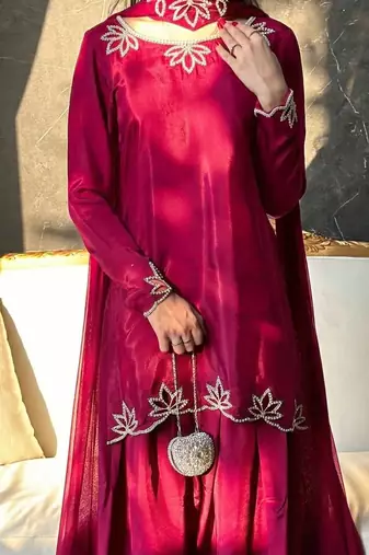 Rani pink Embroidery And Moti work Silk Blend Salwar Suit