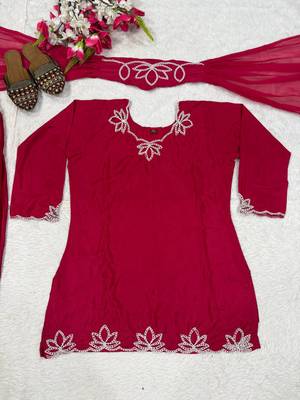 Rani pink Embroidery And Moti work Silk Blend Salwar Suit 3