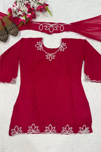 Rani pink Embroidery And Moti work Silk Blend Salwar Suit