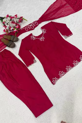 Rani pink Embroidery And Moti work Silk Blend Salwar Suit