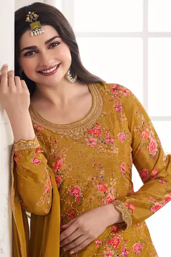 Mustard colour embroidered chinon silk sharara festival suit