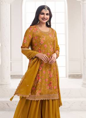 Mustard colour embroidered chinon silk sharara festival suit 3