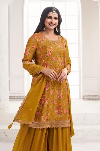 Mustard colour embroidered chinon silk sharara festival suit