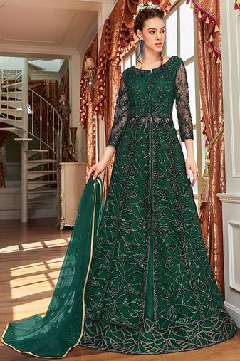 Dark green wedding net anarkali salwar kameez