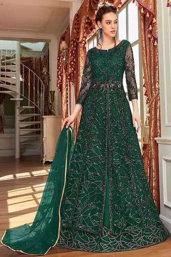 Dark green wedding net anarkali salwar kameez