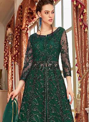 Dark green wedding net anarkali salwar kameez 2
