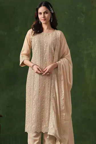 Faux georgette embroidered salwar kameez in beige