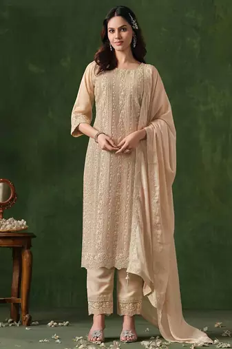 Faux georgette embroidered salwar kameez in beige