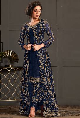 Dark blue net embroidered semi stiched salwar kameez with shrug 1