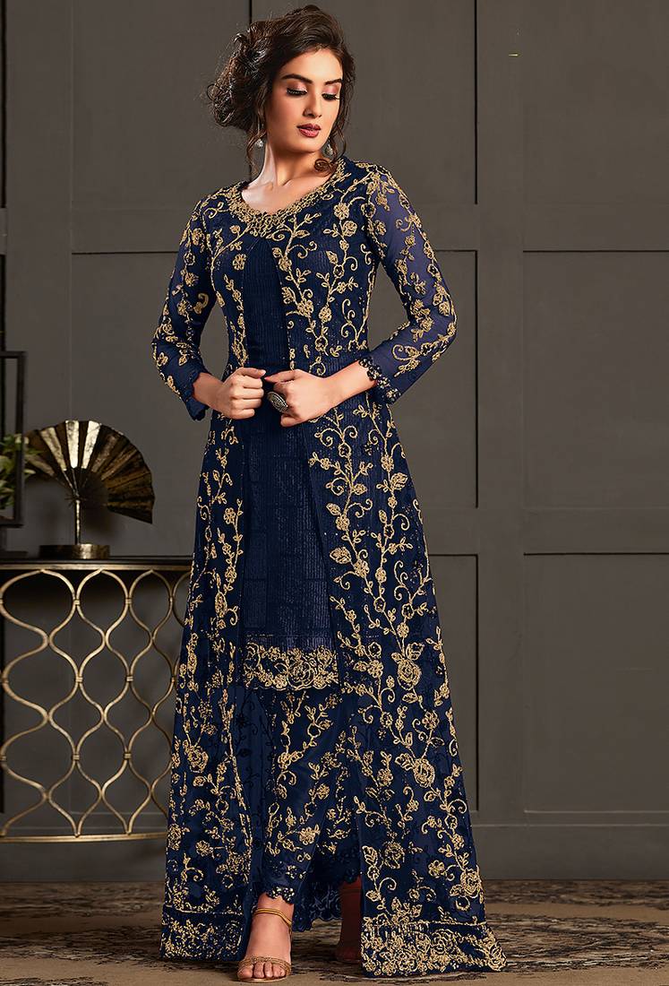Dark blue net embroidered semi stiched salwar kameez with shrug