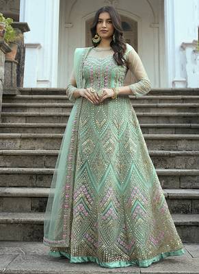 Sea green net embroidered anarkali salwar suit 1