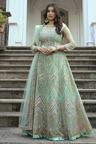 Sea green net embroidered anarkali salwar suit