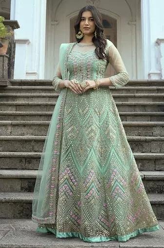 Sea green net embroidered anarkali salwar suit
