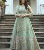 Sea green net embroidered anarkali salwar suit