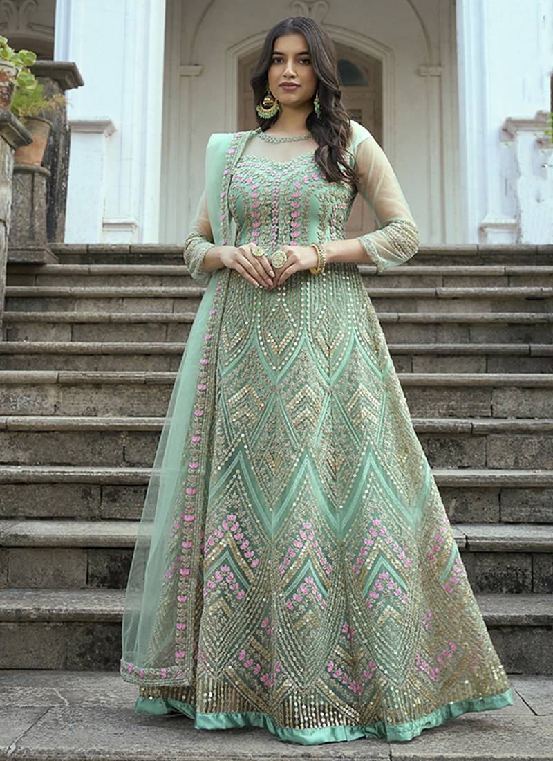 Sea green net embroidered anarkali salwar suit