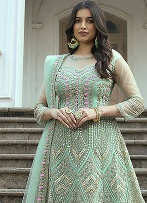 Sea green net embroidered anarkali salwar suit 2