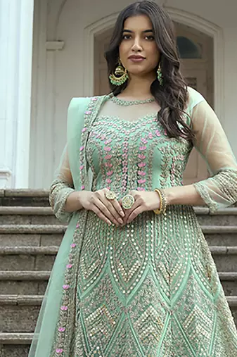 Sea green net embroidered anarkali salwar suit