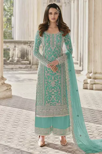 Sky blue color net embroidered stright salwar kameez