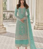 Sky blue color net embroidered stright salwar kameez
