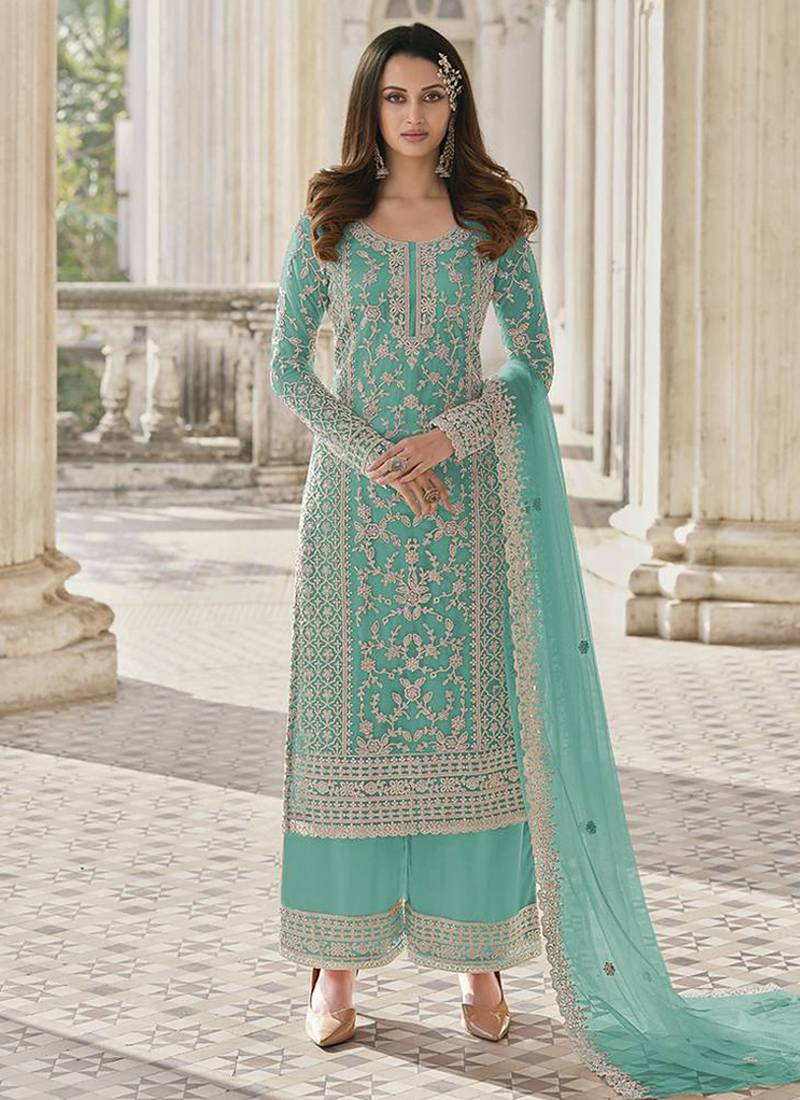 Sky blue color net embroidered stright salwar kameez