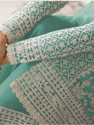 Sky blue color net embroidered stright salwar kameez 3