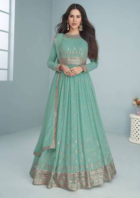 Turquoise embroidered faux georgette anarkali salwar kameez 1