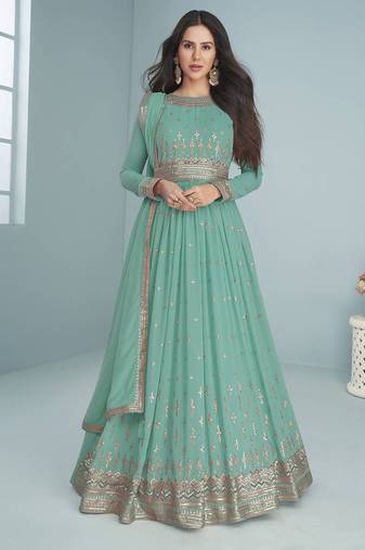 Turquoise embroidered faux georgette anarkali salwar kameez