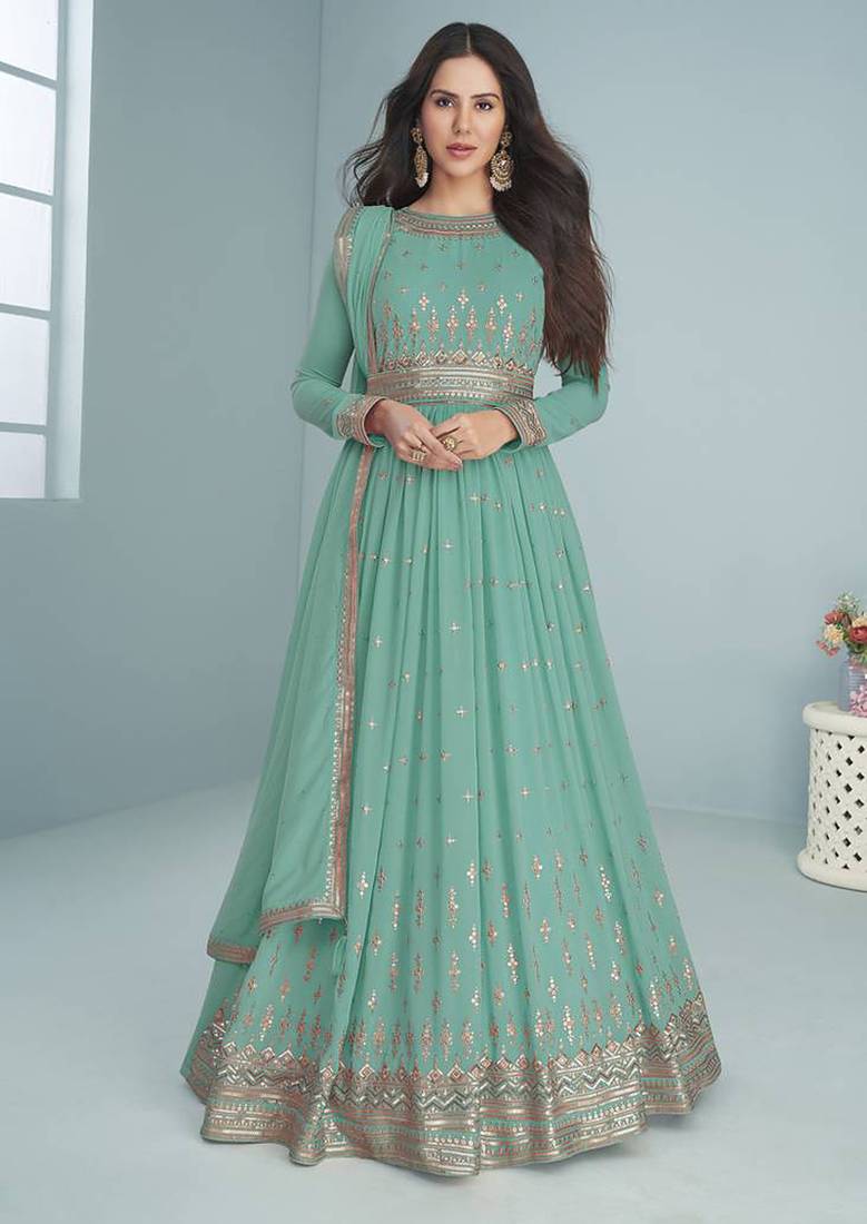 Turquoise embroidered faux georgette anarkali salwar kameez